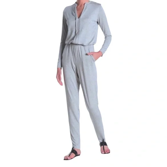$198 Go Couture V Neck Modal Jumpsuit Large 10 12 Gray Stretch Waist Soft Comfy - Picture 3 of 10